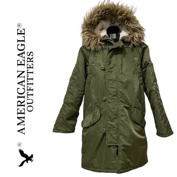 American Eagle Outfitters Jackets & Blazers - American Eagle Satin Parka Coat Faux Fur Hood Winter Jacket Size Small